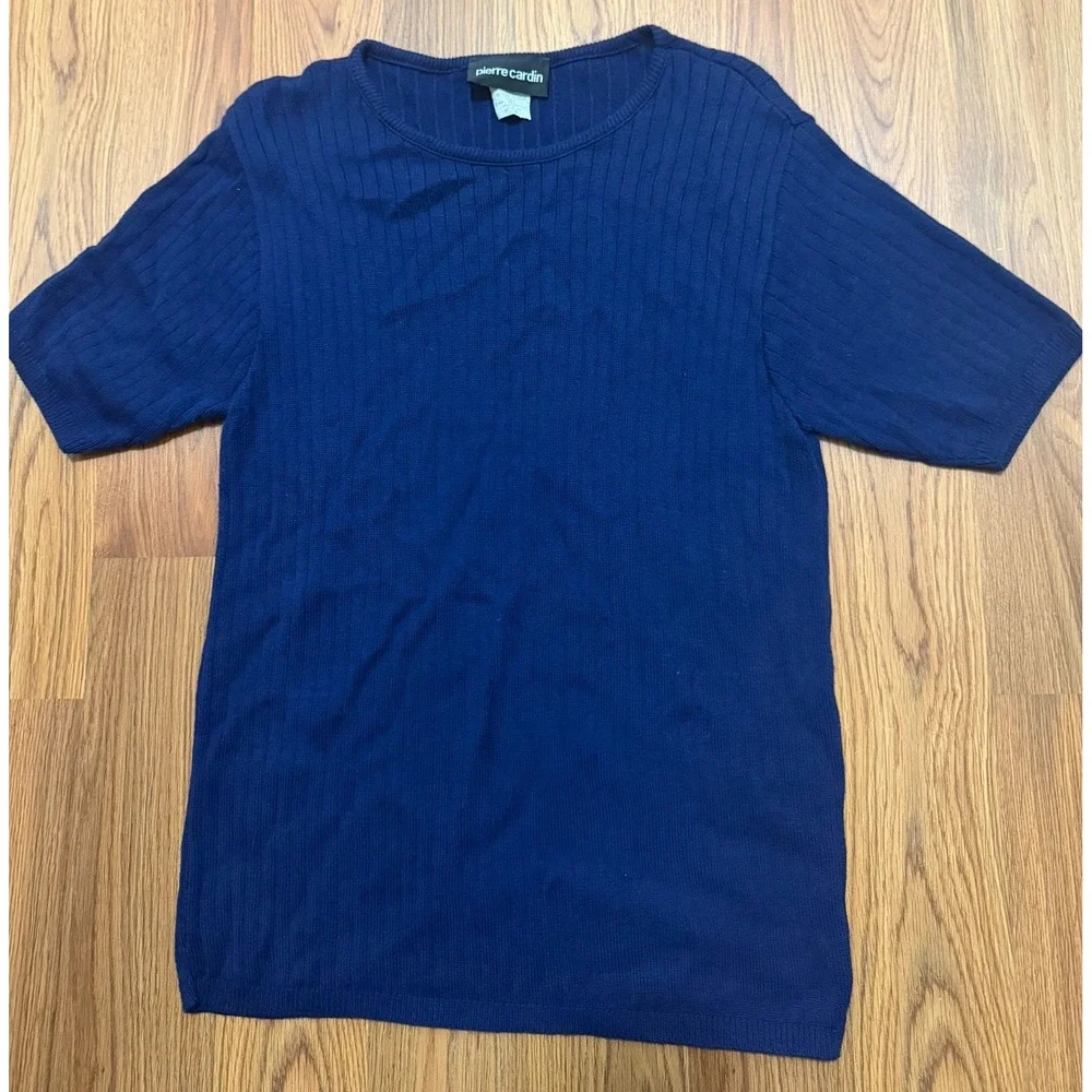 Pierre Cardin Sweater Mens Medium Ribbed Short Sleeve Made USA Blue